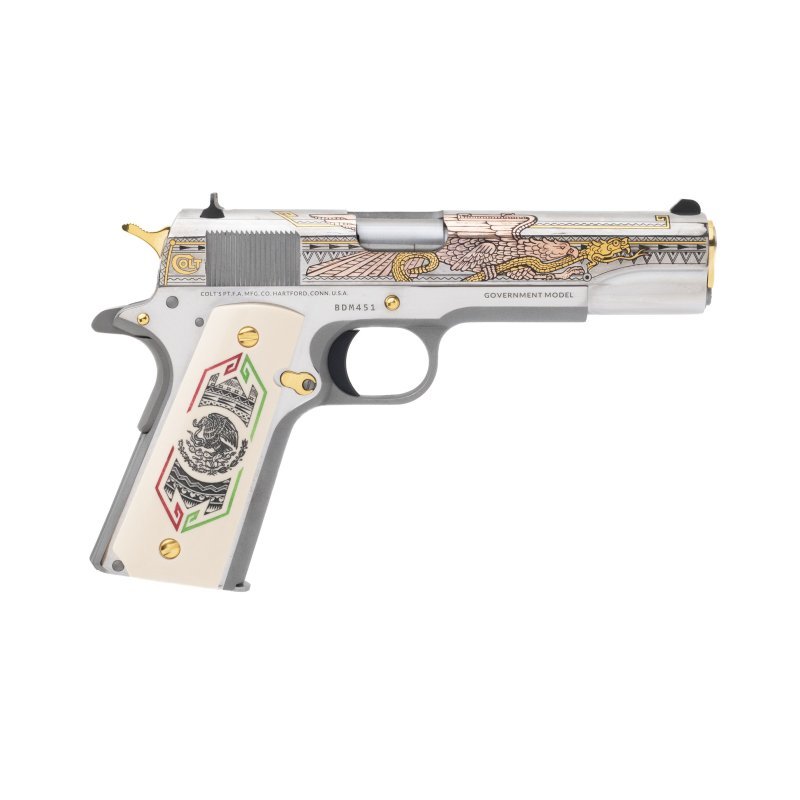 Pistole sam. Colt, Model: 1911 Bandera de Mexico, Ráže: .38 SuperAuto, leštěný nerez